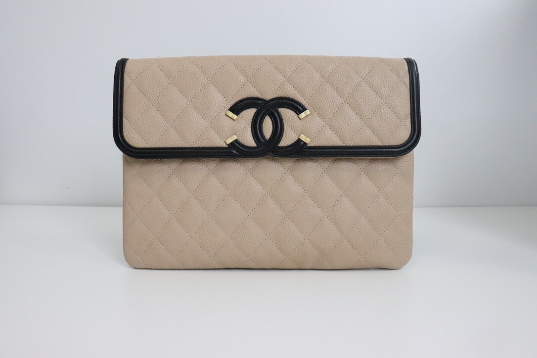 Chanel O Case Filigree Beige Caviar Leather, Antique Gold Hardware, Preowned in Box