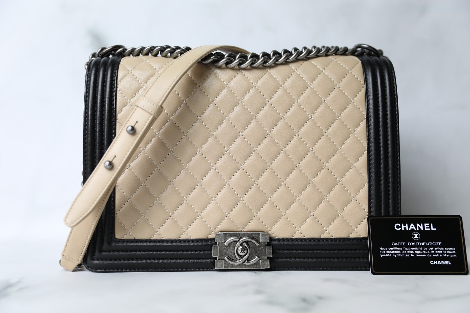 Chanel Boy Large, Beige and Black Lambskin with Ruthenium Hardware, Preowned in Box WA001