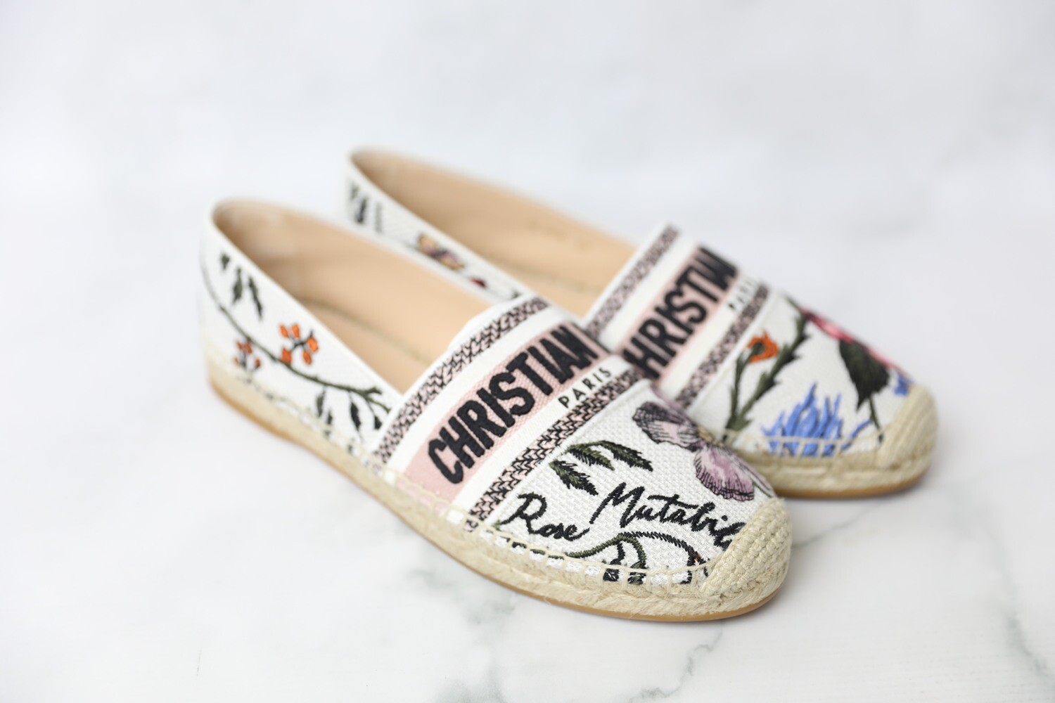 Dior Espadrilles, White with Floral, Size 37 New in Box WA001