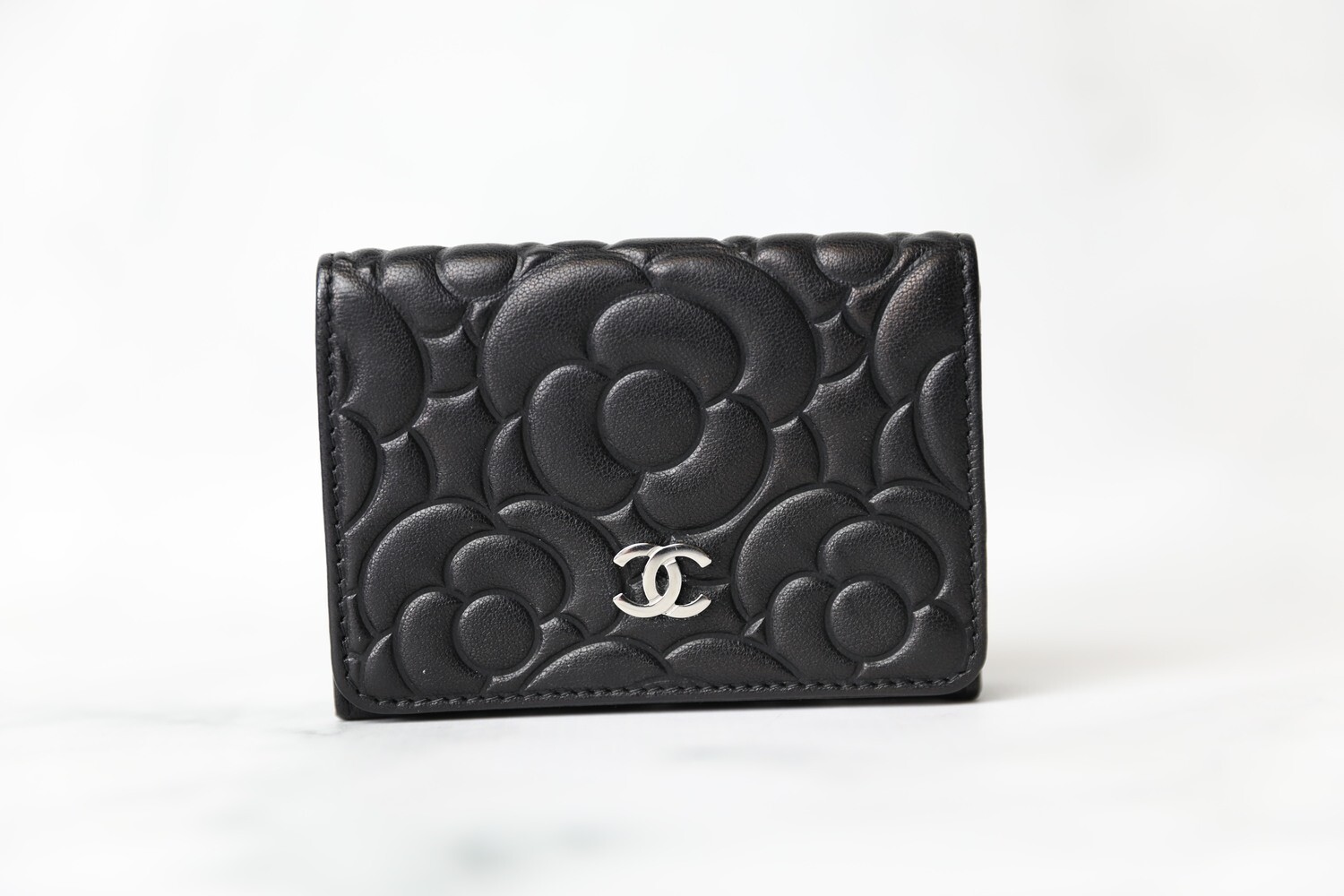 Chanel Trifold Camellia Wallet, Black Calfskin with Silver Hardware, Preowned in Box WA001