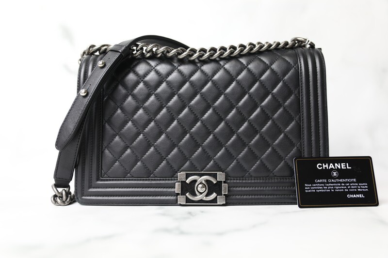 Chanel Boy New Medium, Black Lambskin with Ruthenium Hardware, Preowned in Box WA001