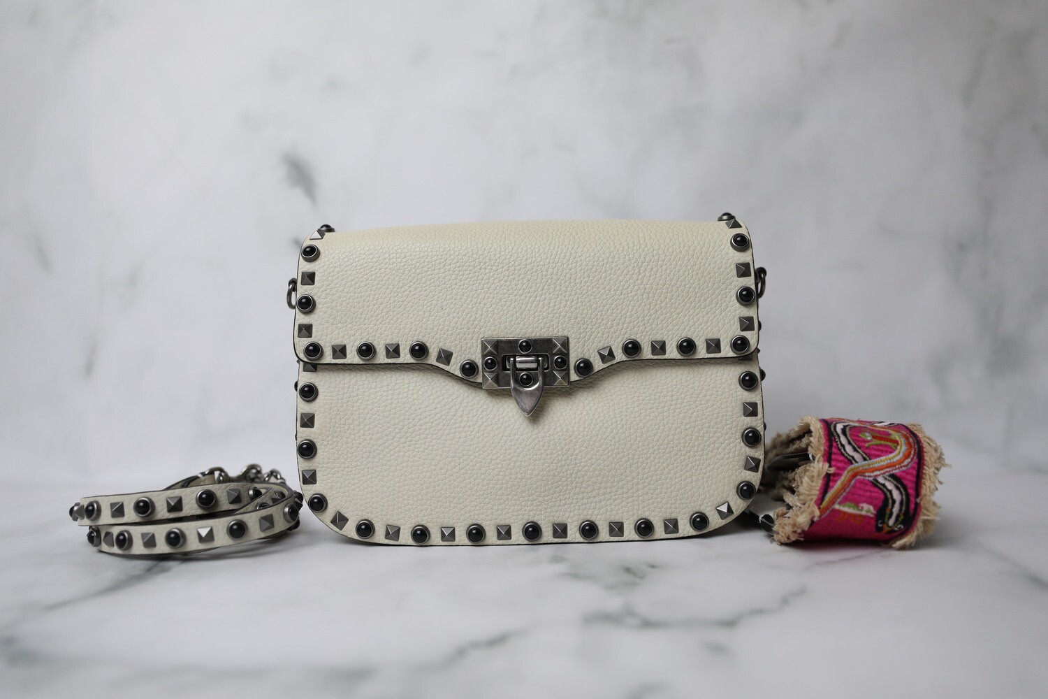 Valentino Studded Crossbody with Two Straps, White, Preowned no Dustbag WA001