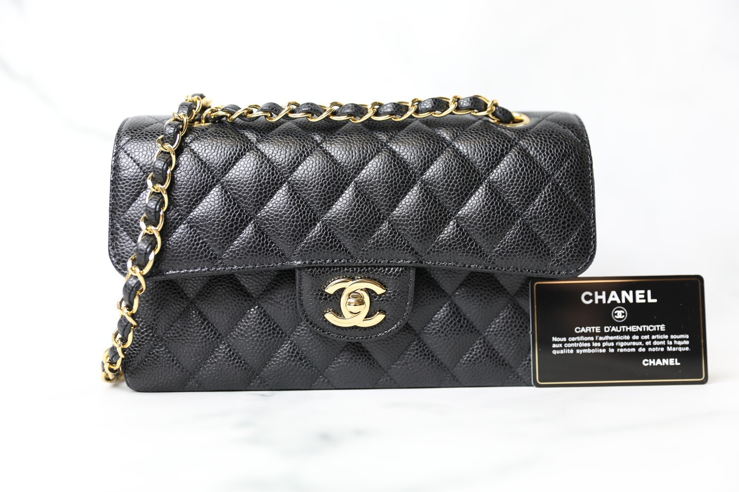 Chanel Classic Small, Black caviar with Gold Hardware, Like New in Box WA001