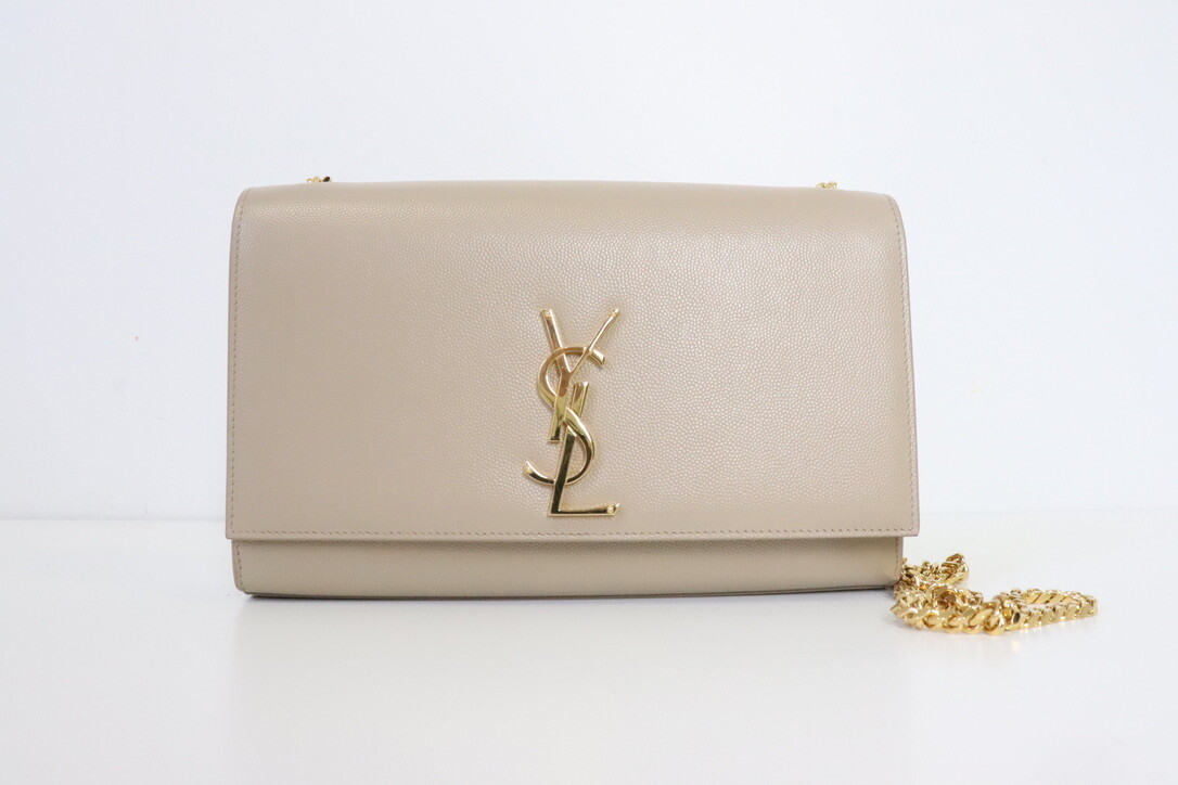 Saint Laurent Kate Medium Beige Pebbled Leather, Gold Hardware, Preowned in Dustbag