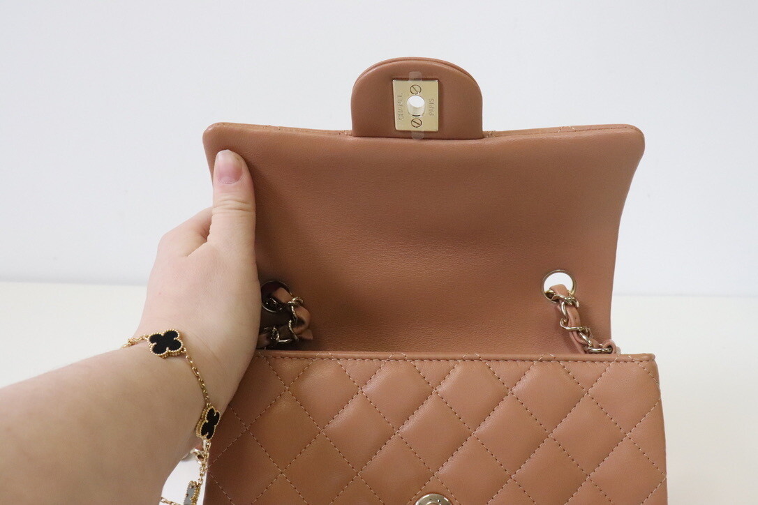 Chanel Mini Rectangle 21P Caramel Lambskin Leather Gold Hardware Preowend in Box