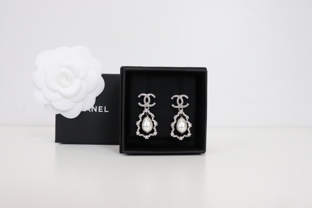 Chanel Earrings Jagged Crystal with Pearl Drop, New in Box