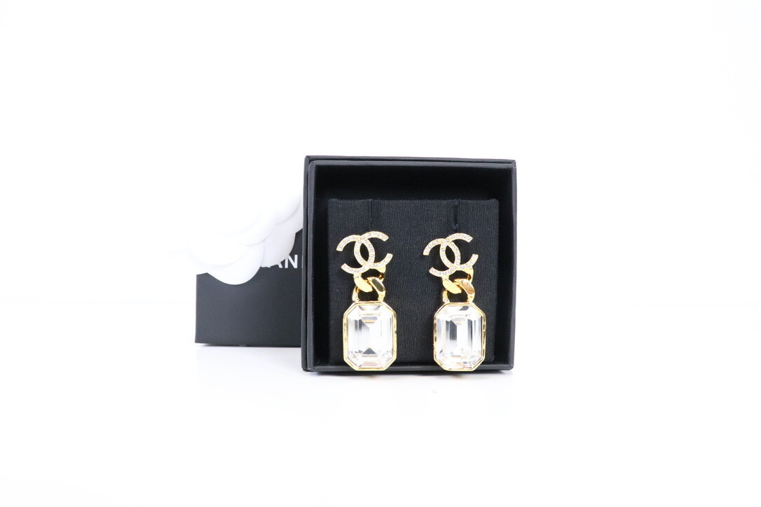 Chanel Earrings Large Crystal with Gold Chain Drop and Crystal CC, New in Box