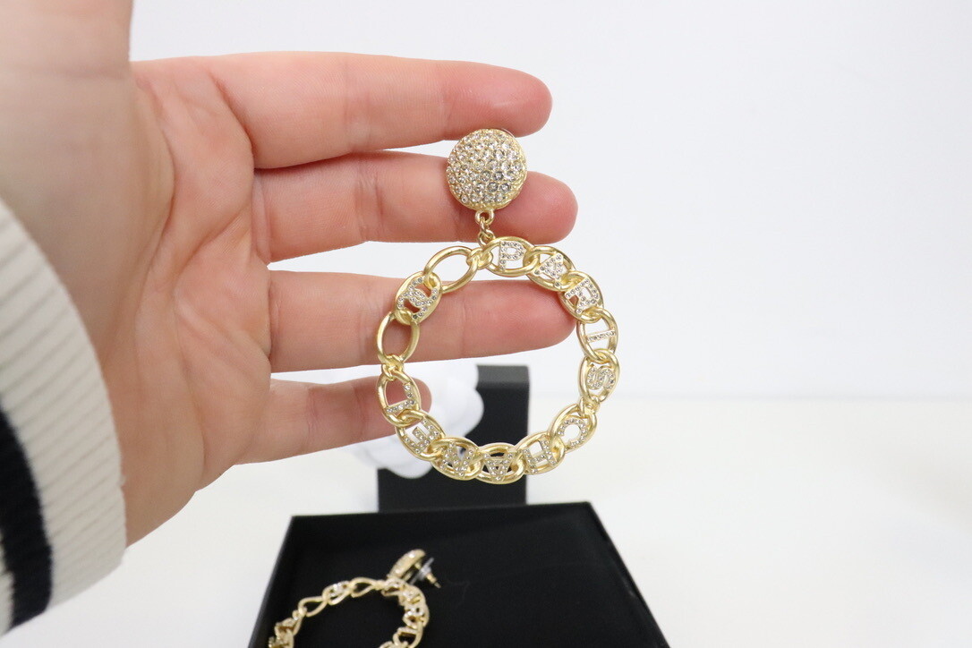 Chanel Earrings Gold Chain Hoops with Crystal CC, New in Box