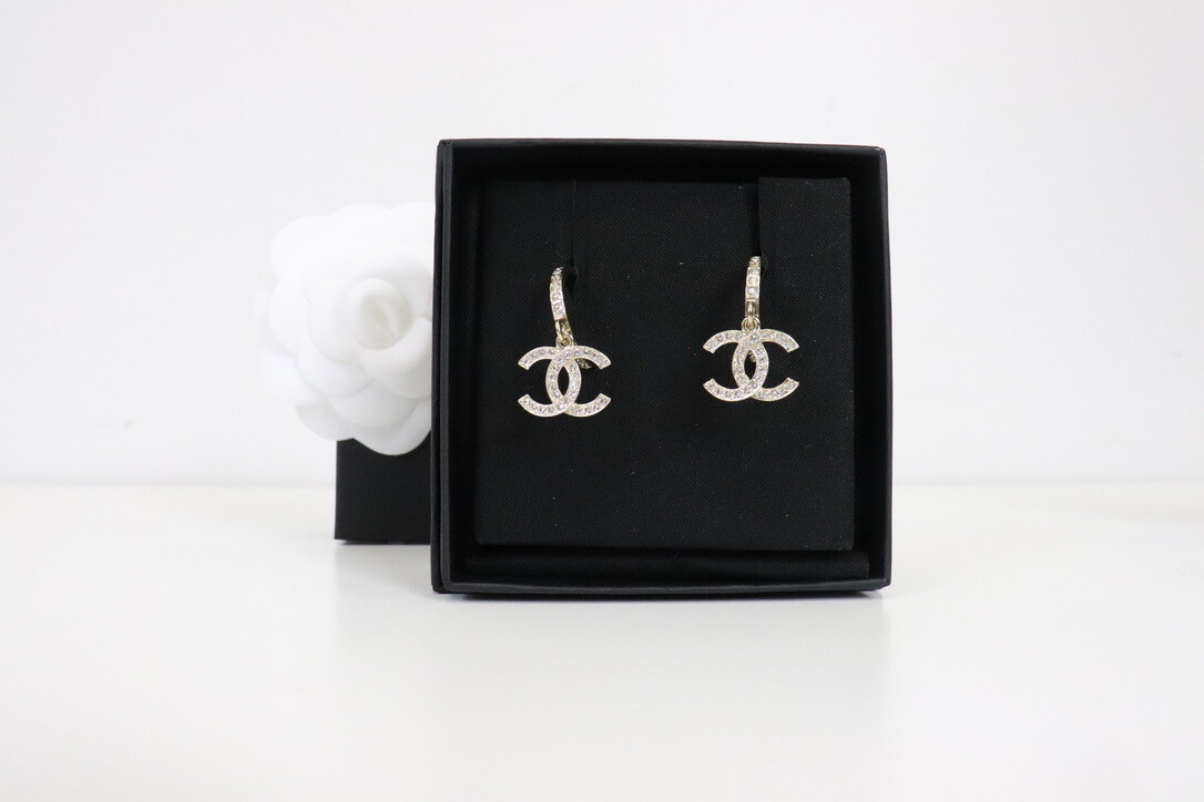 Chanel Earrings Crystal Hoop with Crystal CC, New in Box
