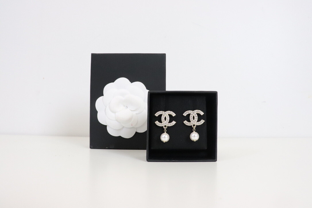 Chanel Earrings Crystal CC with Drop Pearl, New in Box WA001
