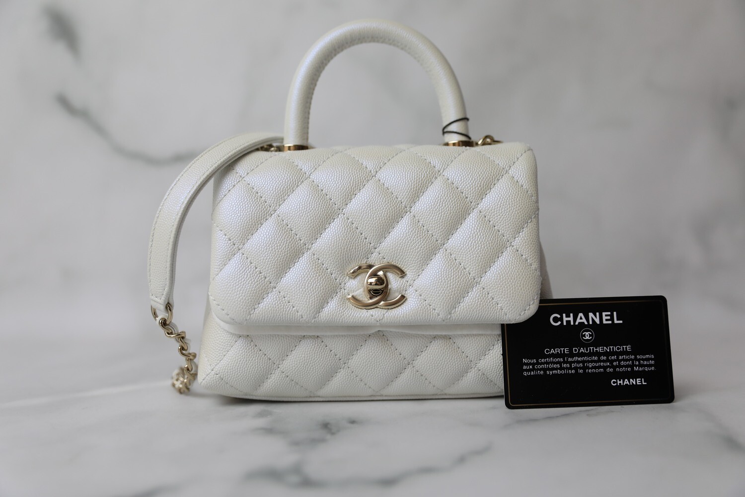 White Quilted Caviar Mini Coco Top Handle Flap Bag Pale Gold Hardware