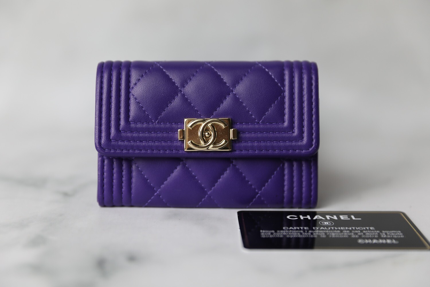 Chanel Boy Snap Wallet, Purple Lambskin with Gold Hardware, Preowned in Box WA001