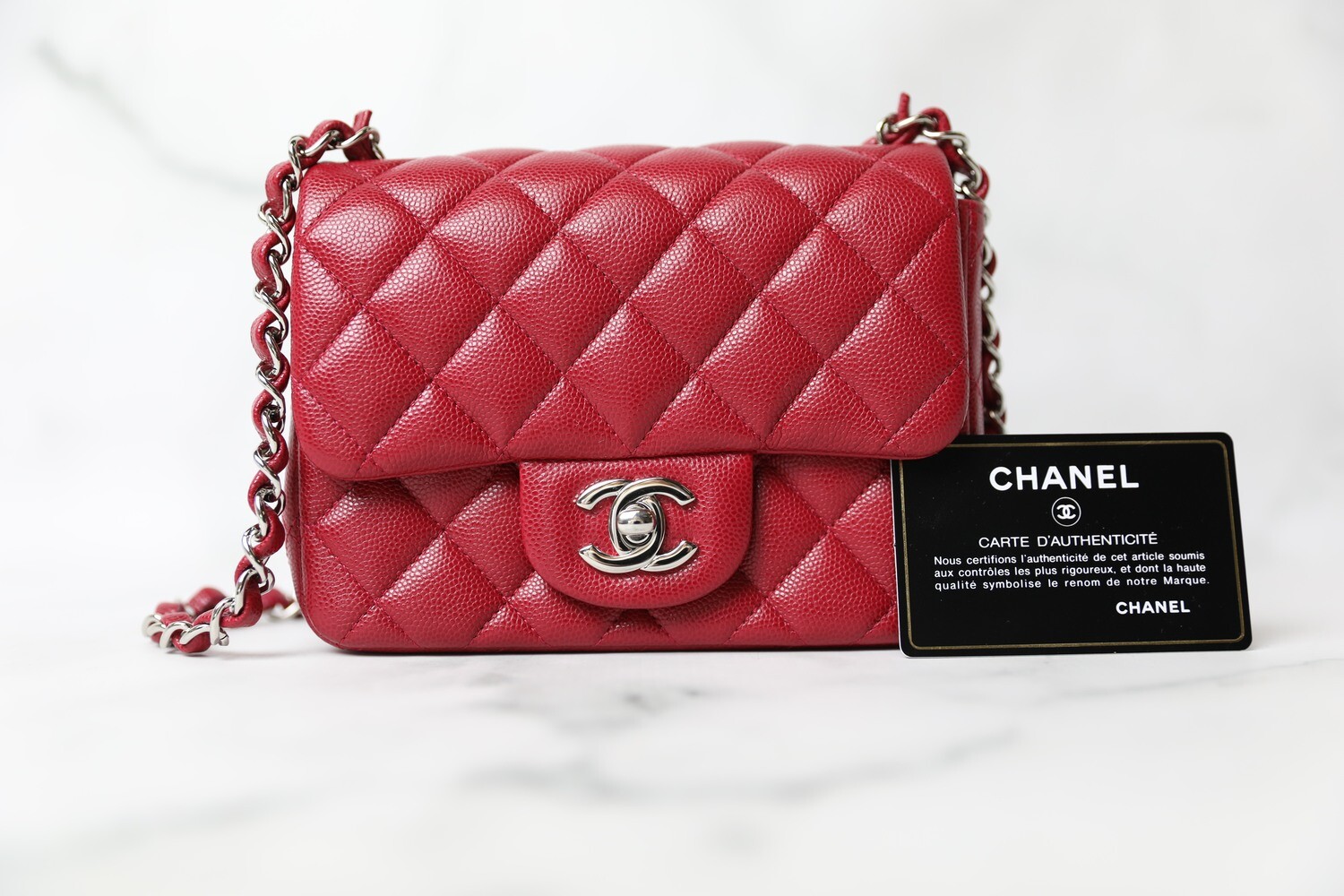 Chanel Classic Mini Square, 18b Dark Pink Caviar with Silver Hardware, Preowned in Box WA001