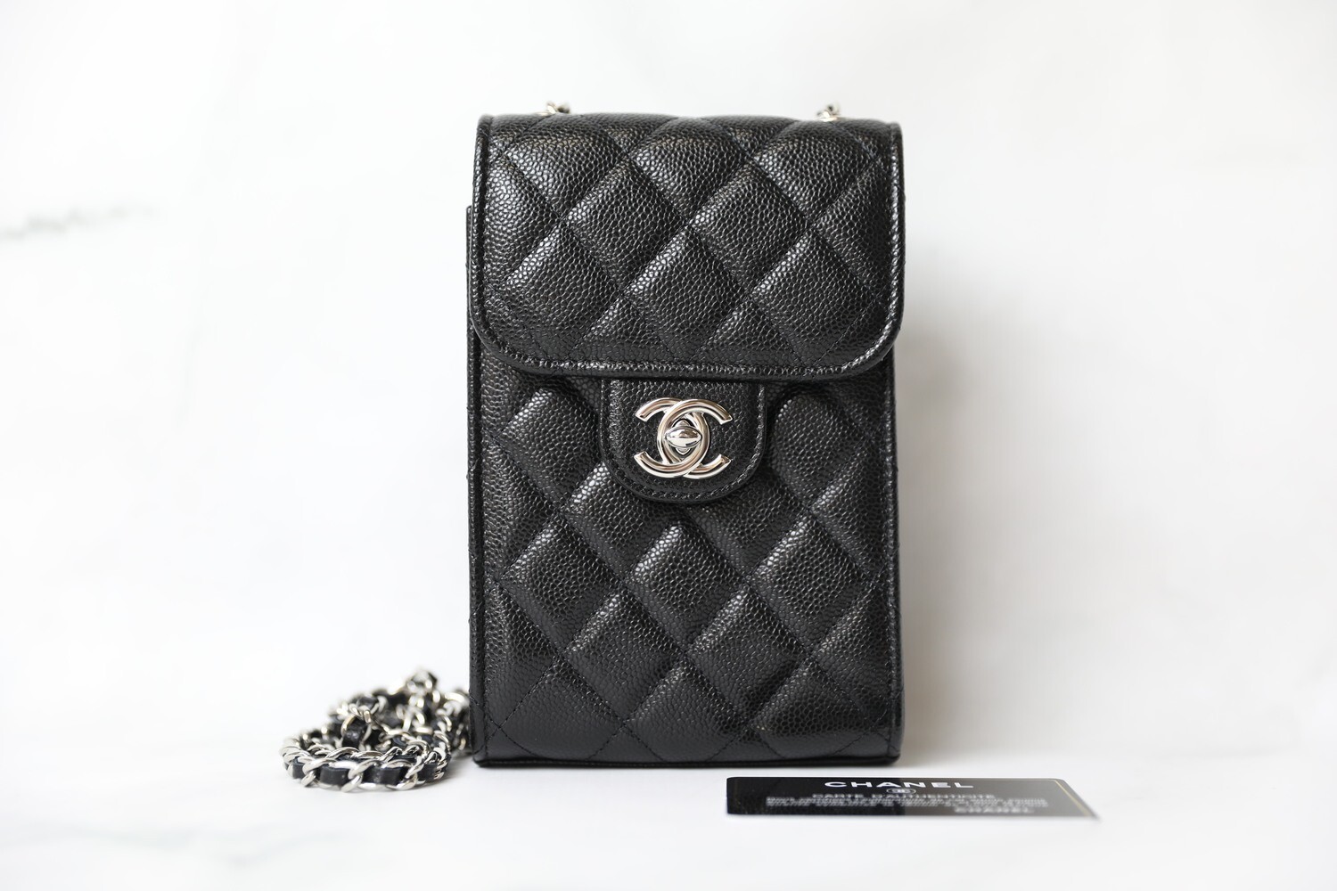 Chanel SLG Long Phone Pouch, Black Caviar with Silver Hardware, New in Box WA001