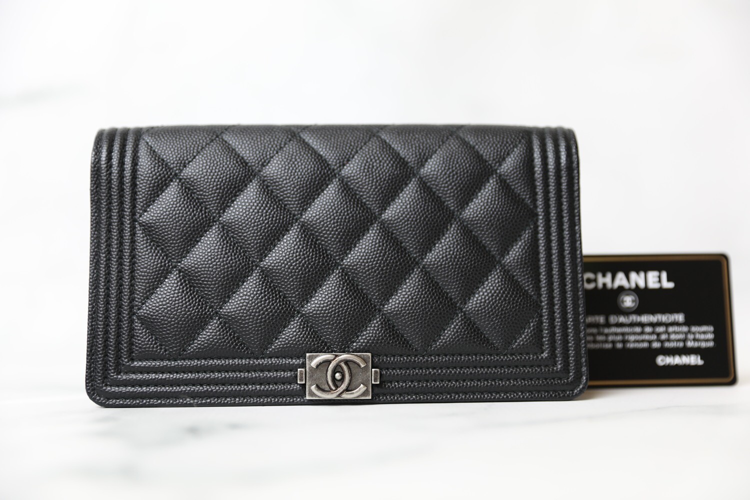 Chanel Boy Wallet, Black Caviar with Ruthenium Hardware Preowned in Box WA001