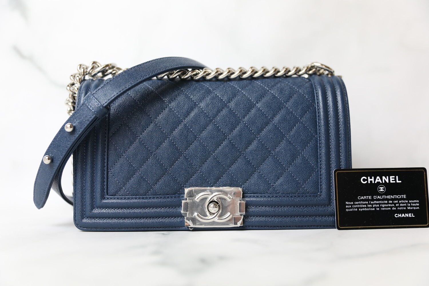 Chanel Boy Old Medium, Blue Iridescent Caviar with Silver Hardware, New in  Box WA001