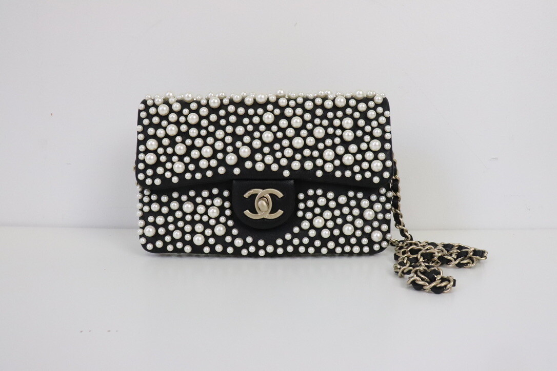 Chanel Pearl Chain on Wallet, Brushed Gold Hardware, Preowned in Dustbag