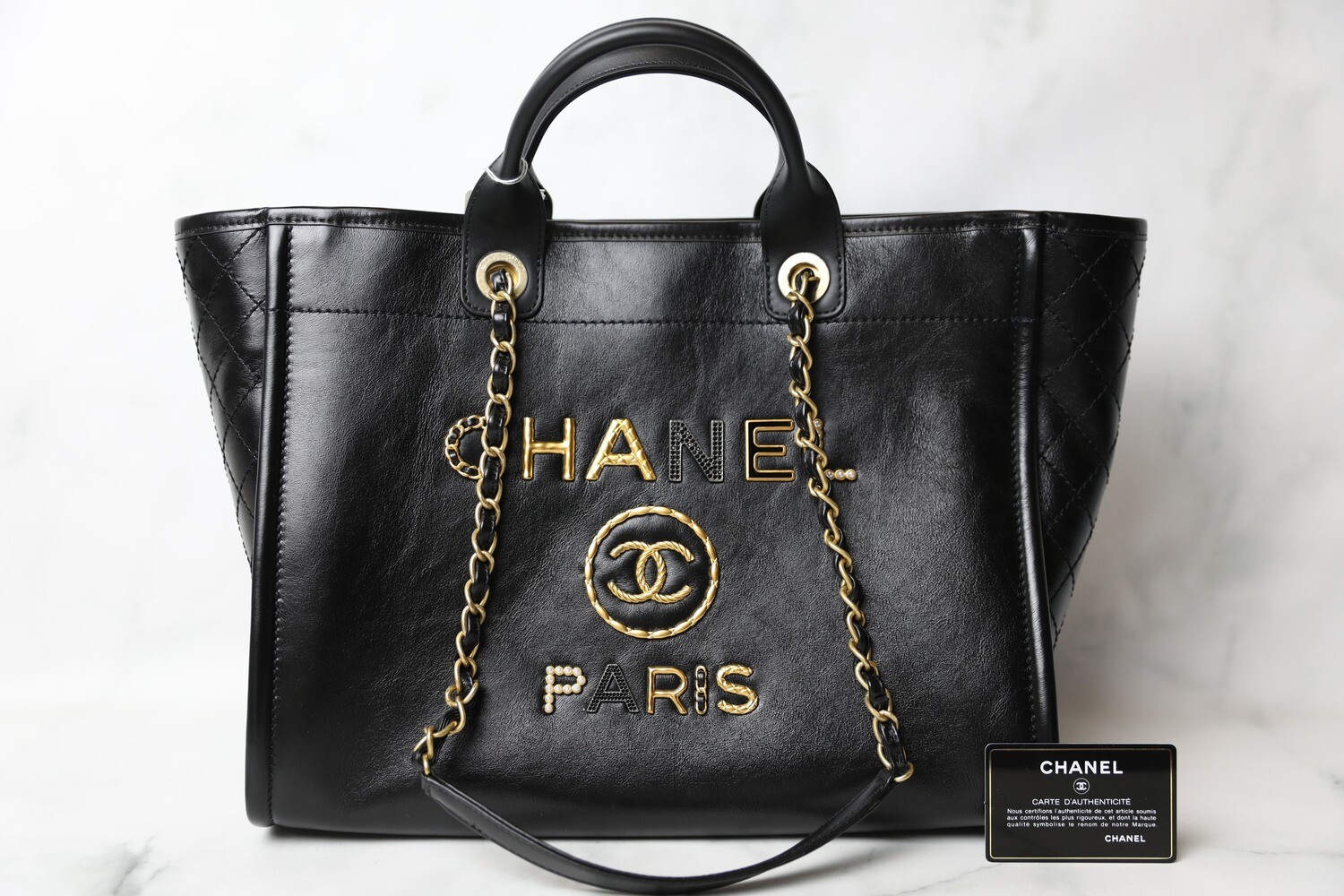 Chanel Deauville Large, Black Calfskin with Quilted Sides, New in Box WA001