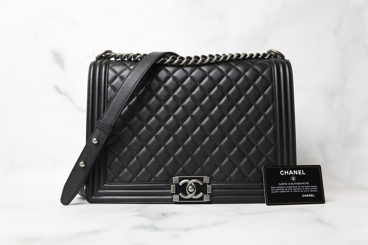 Chanel Boy Large, Black lambskin with Ruthenium Hardware, Preowned in Box Wa001