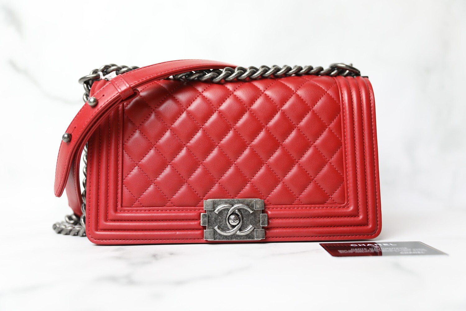 Chanel Boy Old Medium, Red Lambskin with Ruthenium Hardware, Preowned in Dustbag WA001