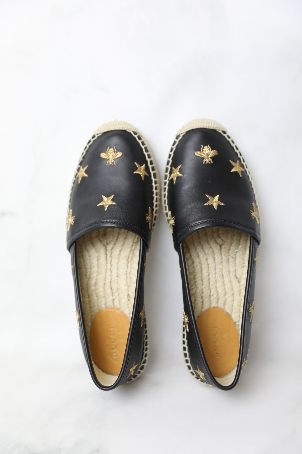 Gucci Star Bee Espadrilles, Black with Gold, Size 37.5, Preowned in Box WA001