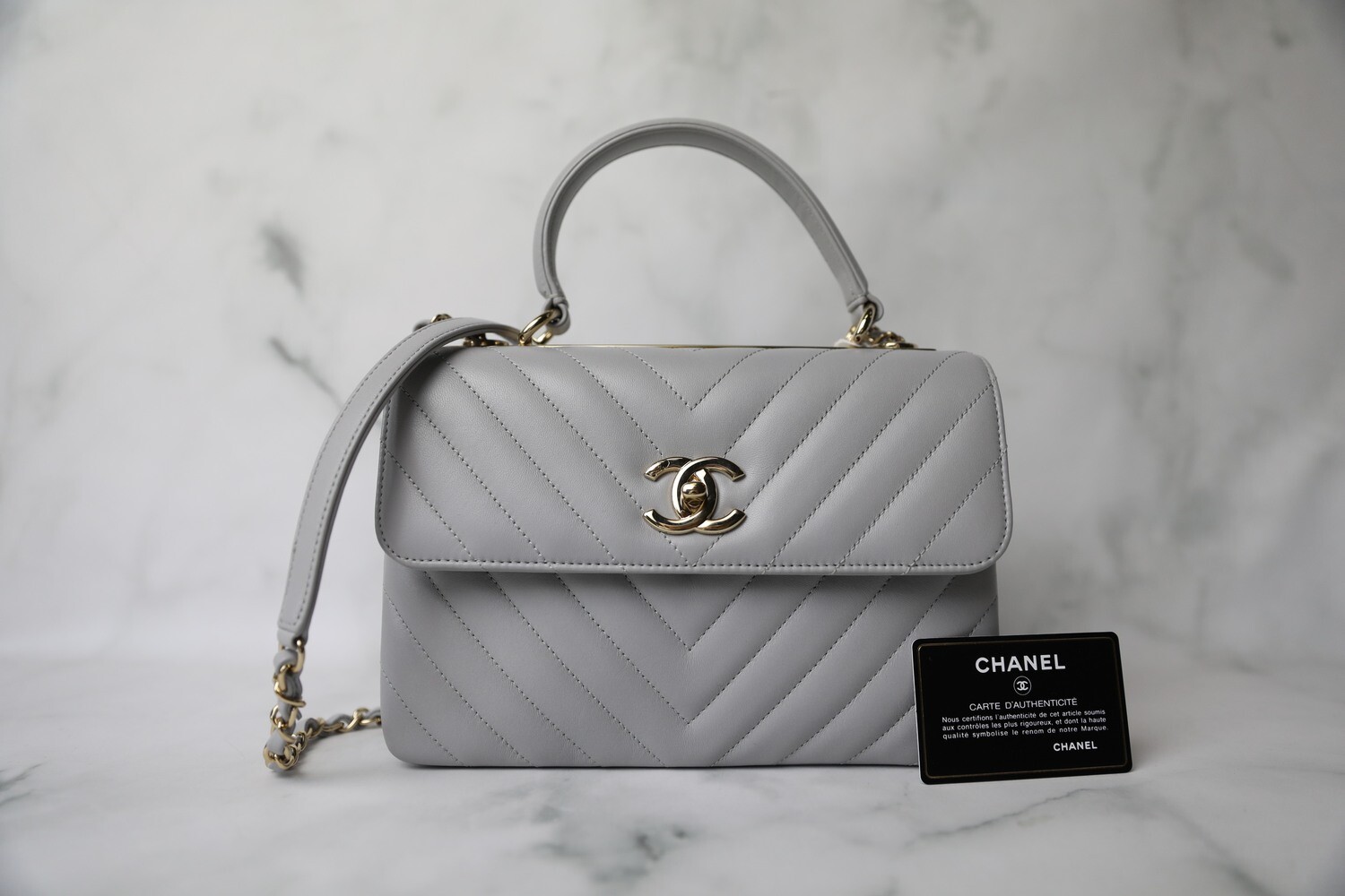 Chanel Trendy Small Grey Chevron, Gold Hardware, Preowned in Dustbag WA001