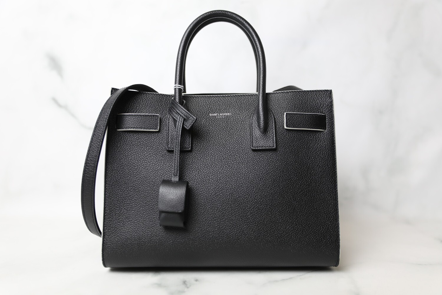 Saint Laurent Sac De Jour Baby, Black with White Trim, Preowned in Dustbag WA001