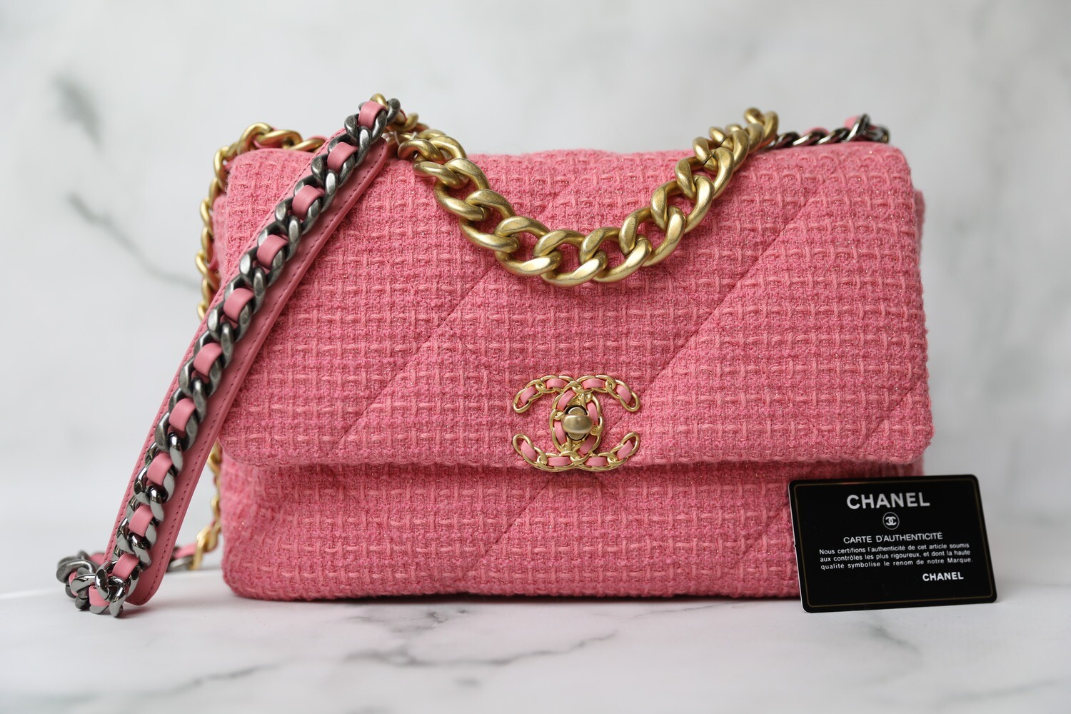 pink tweed chanel bag black