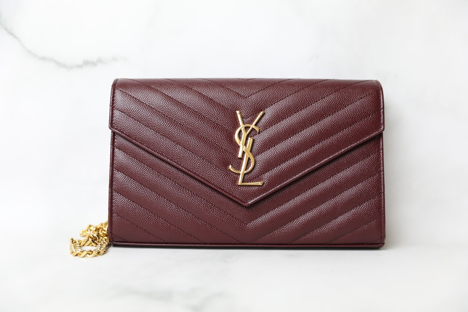 Saint Laurent Wallet on Chain Large, Burgundy with Gold Hardware Preowned no Dustbag WA001