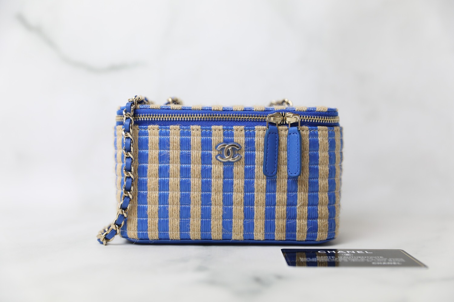 Chanel Vanity with Chain, Blue and Raffia, New in Box WA001
