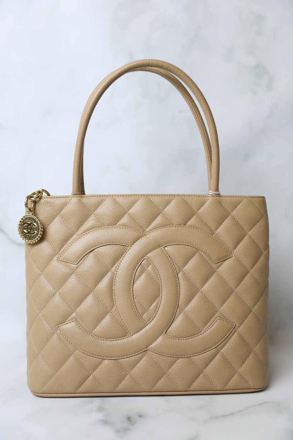 Chanel Vintage Medallion Tote, Beige Caviar with Gold Hardware Preowned in Box WA001