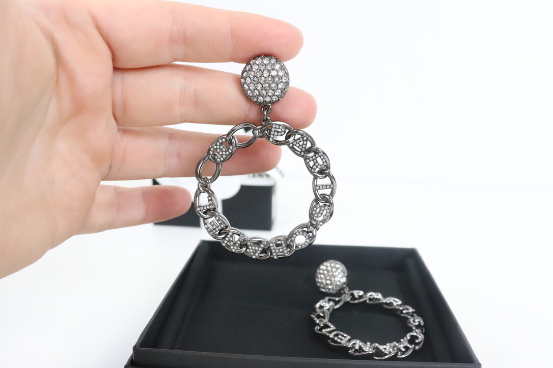 Chanel Earrings Ruthenium Hoop Crystal Dangles, New in Box