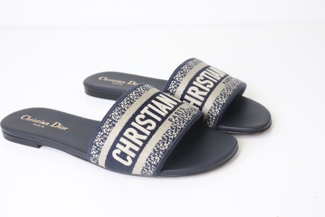 Dior Shoes Sandals D Way Slides Blue Cotton Embroidery, New in Box