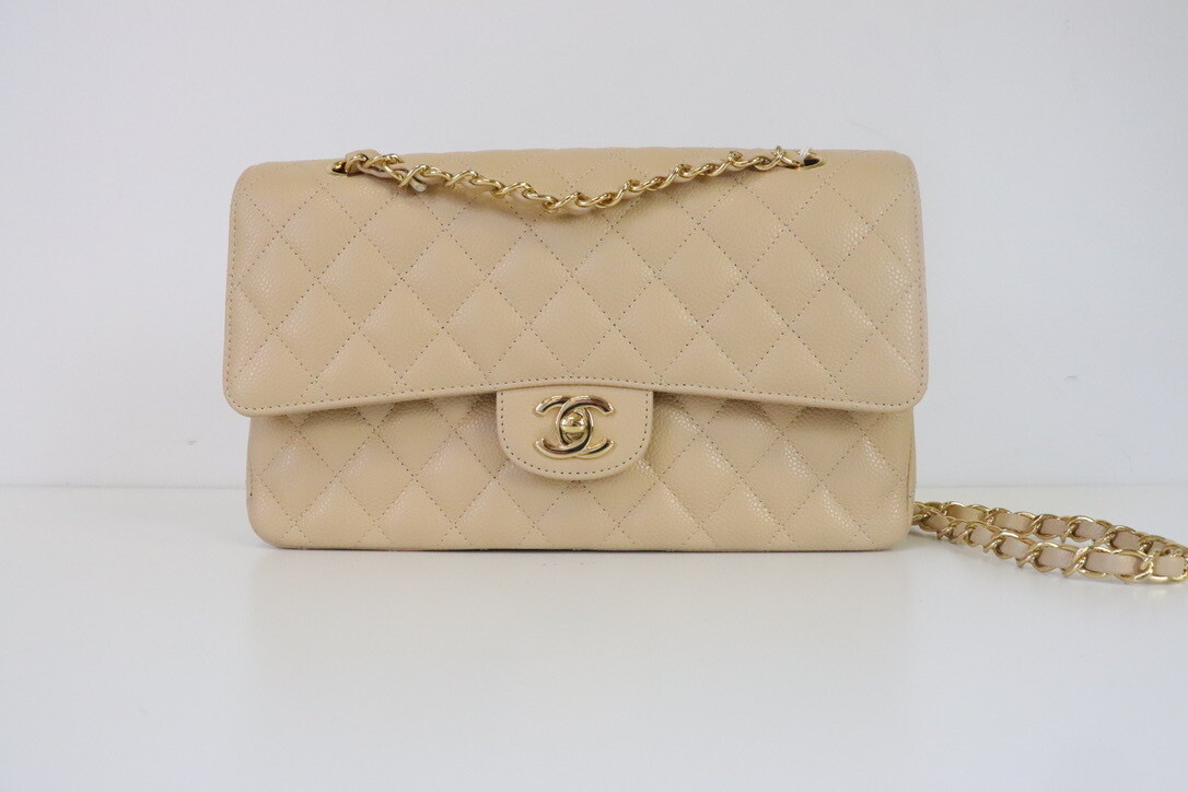 Chanel Classic Medium Double Flap Beige Claire Caviar Leather, As New in Box  - Julia Rose Boston