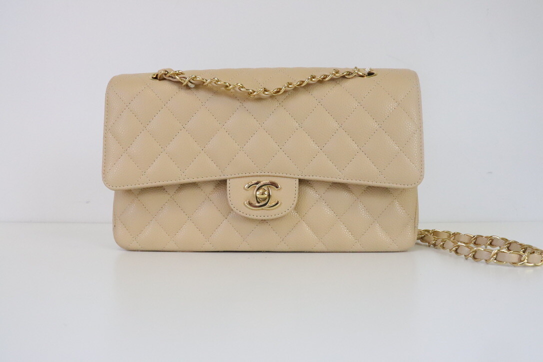 Chanel Classic Medium Double Flap, 22C Beige Caviar Leather, Gold Hardware,  New in Box