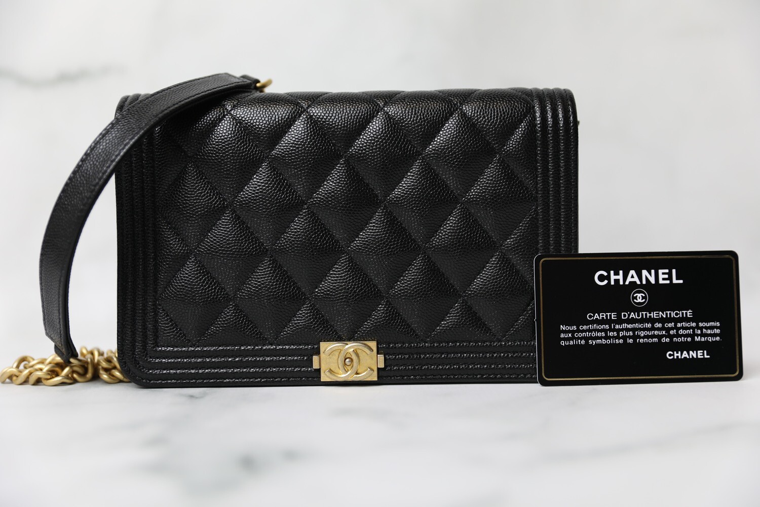 Chanel Boy Wallet on Chain, Black Caviar with Aged Gold Hardware, New in Dustbag WA001