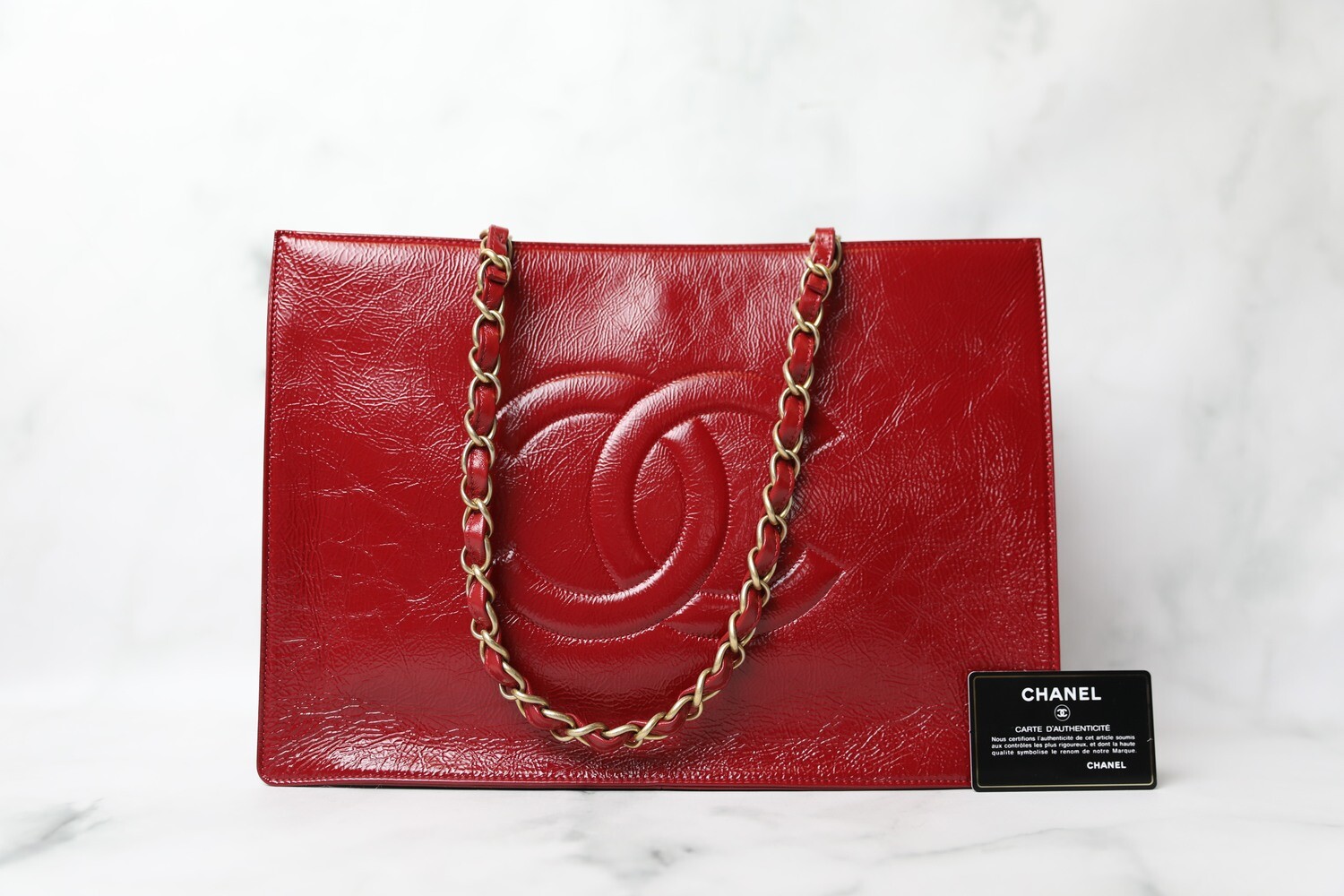 Chanel Shopping Tote, Red Glazed Calfskin with Gold Hardware, Preowned in  Dustbag WA001