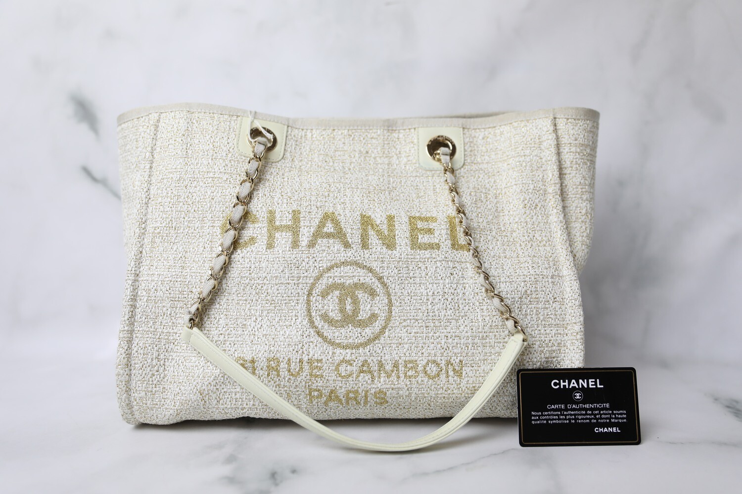 Chanel Deauville Medium, Beige and Gold Tweed with Gold Hardware