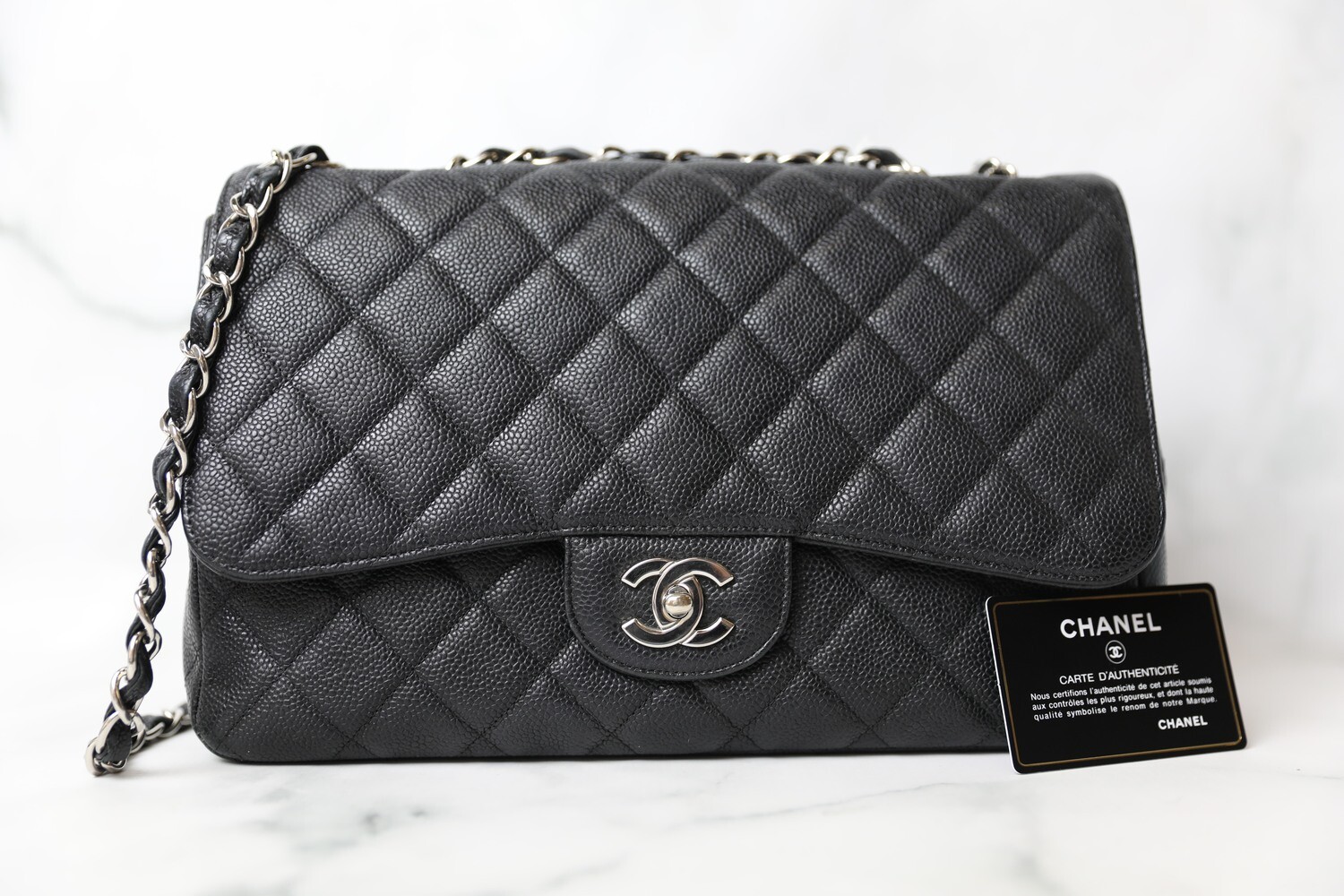 Chanel Classic Jumbo Single Flap, Black Caviar with Silver Hardware, Preowned In BoxWA001