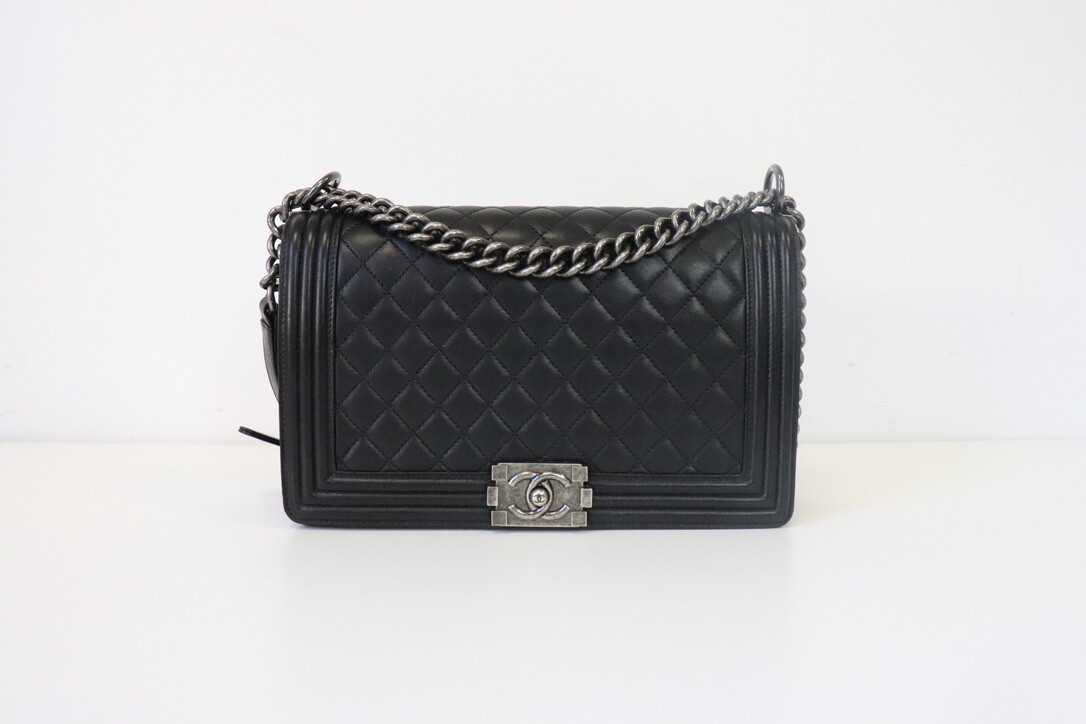 Chanel Boy New Medium Black Lambskin Leather, Ruthenium Hardware, Preowned in Box