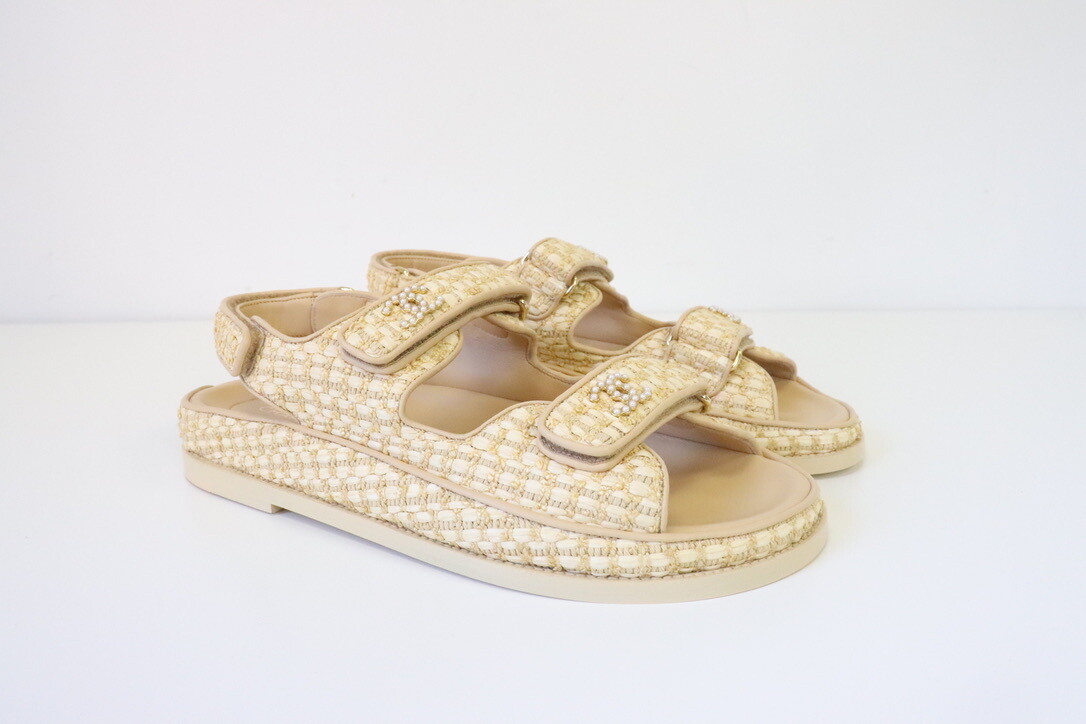 Chanel Shoes Dad Sandals Beige, Size 39, New WA001