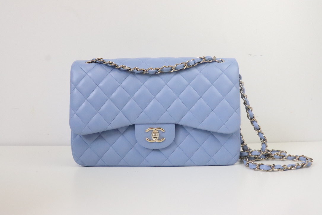CHANEL Lambskin Quilted Medium Double Flap Light Blue 1215214  FASHIONPHILE