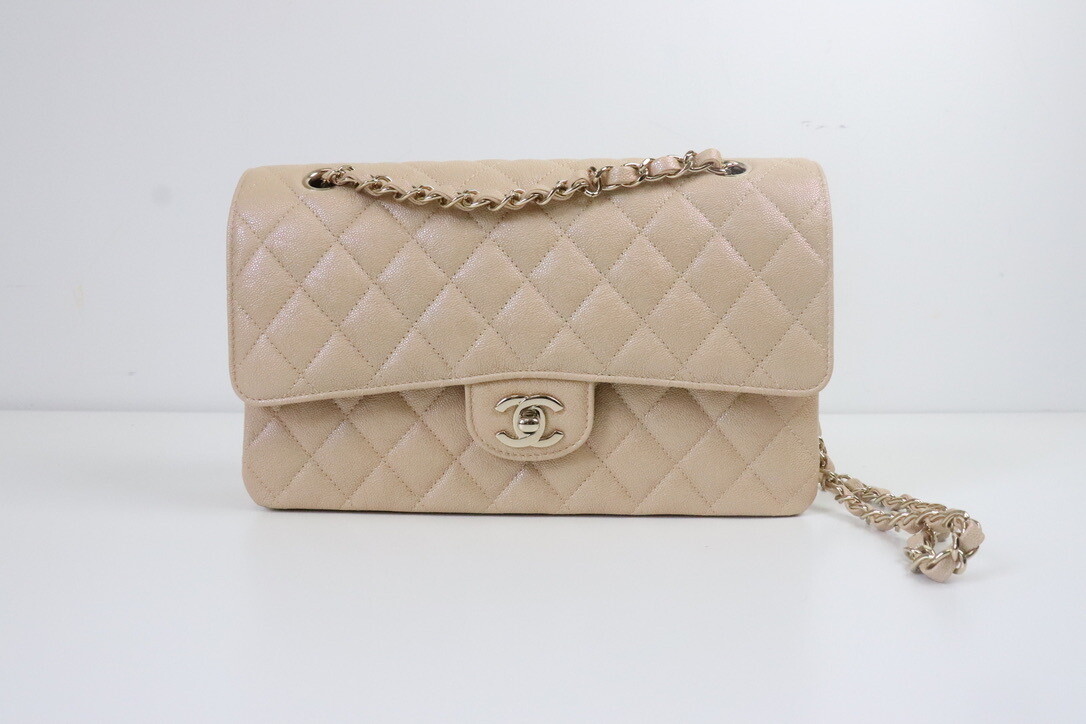 Chanel Classic Medium Double Flap 19S Beige Iridescent Caviar Leather, Gold  Hardware, Preowned in Box