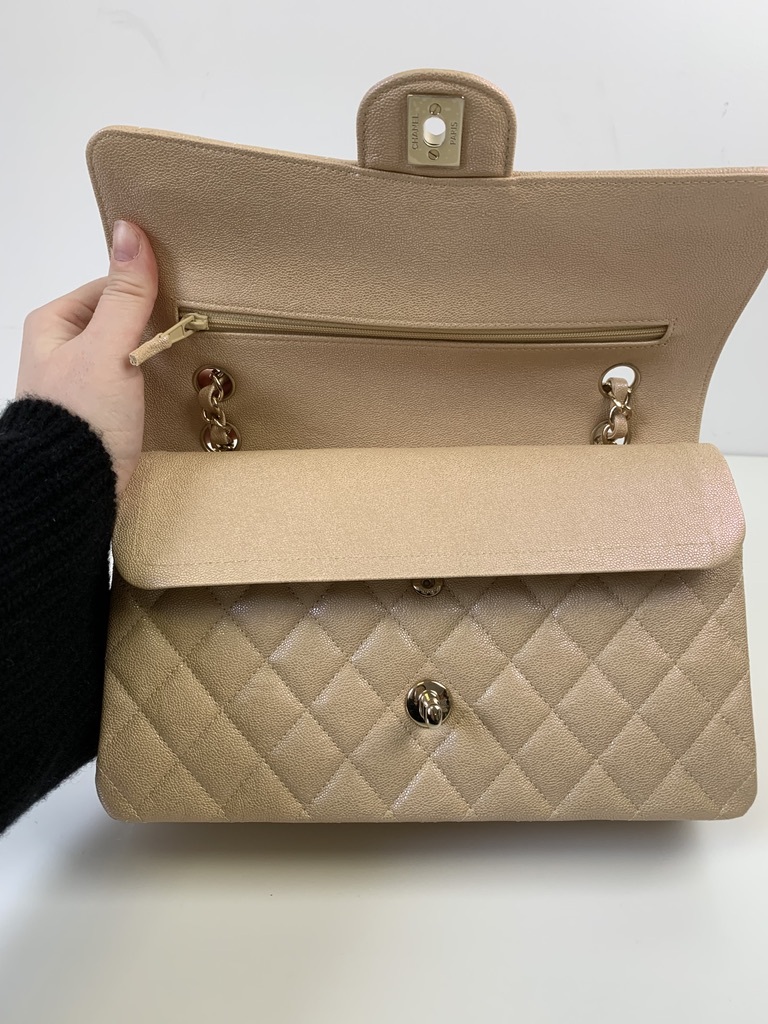 Chanel Classic Medium Double Flap 19S Beige Iridescent Caviar Leather, Gold  Hardware, Preowned in Box