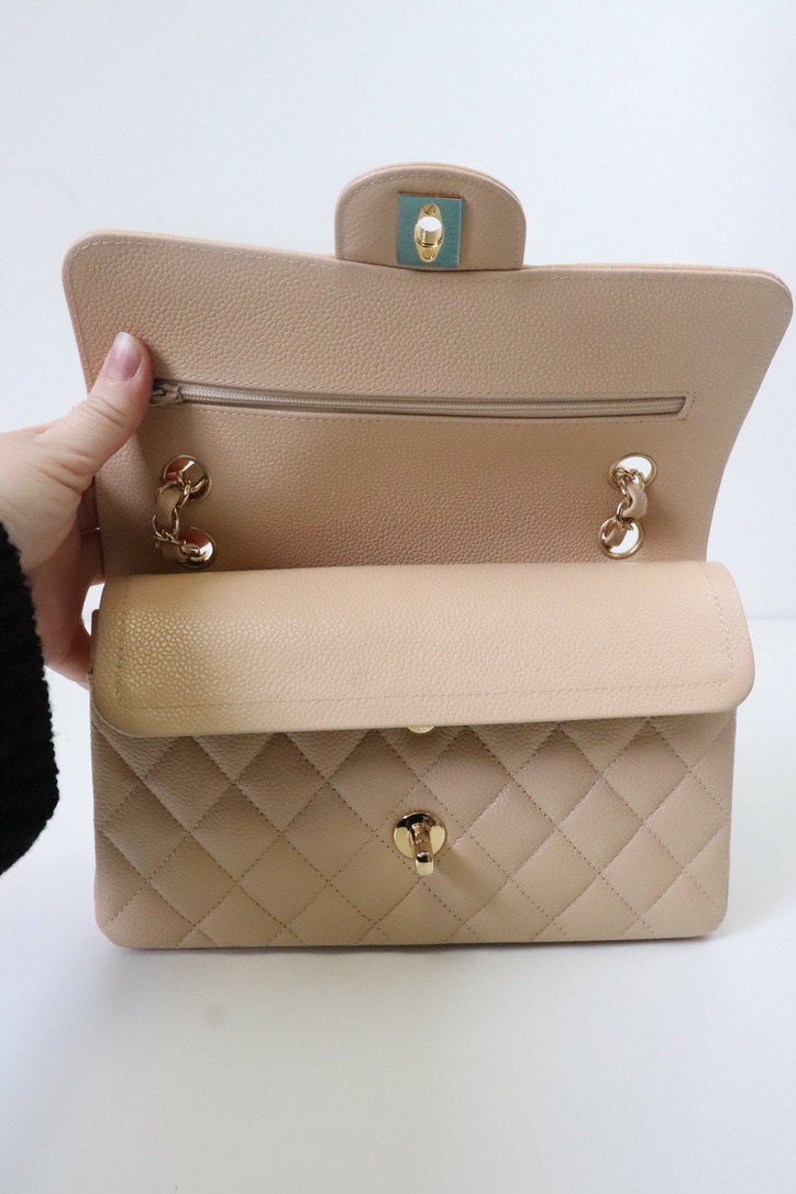 Chanel Classic Small Double Flap Beige Claire Caviar Leather, Gold  Hardware, New in Box