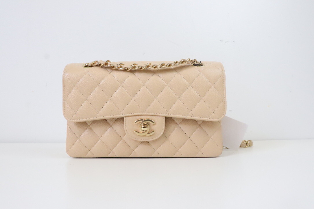 Chanel Classic Small Double Flap Beige Claire Caviar Leather, Gold