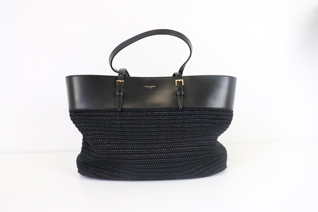Saint Laurent Tote Raffia, Black, Preowned in Dustbag