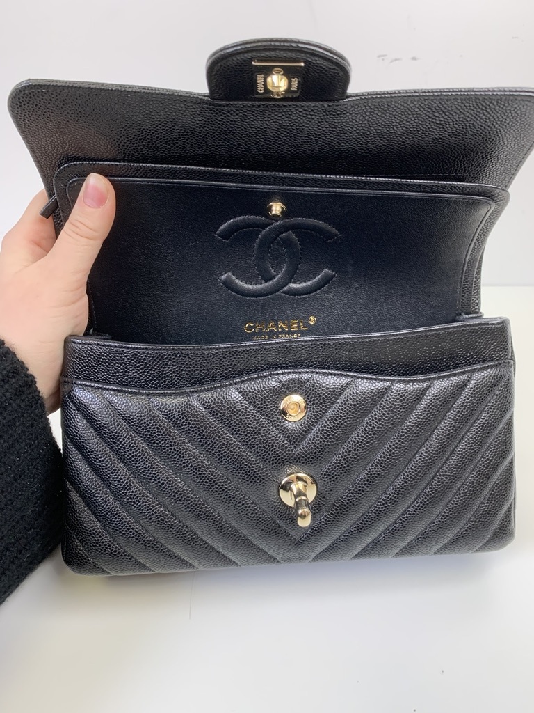 Chanel Classic Small Double Flap Chevron 20B Black Caviar Leather with Gold  Hardware, Preowned in Box - Julia Rose Boston