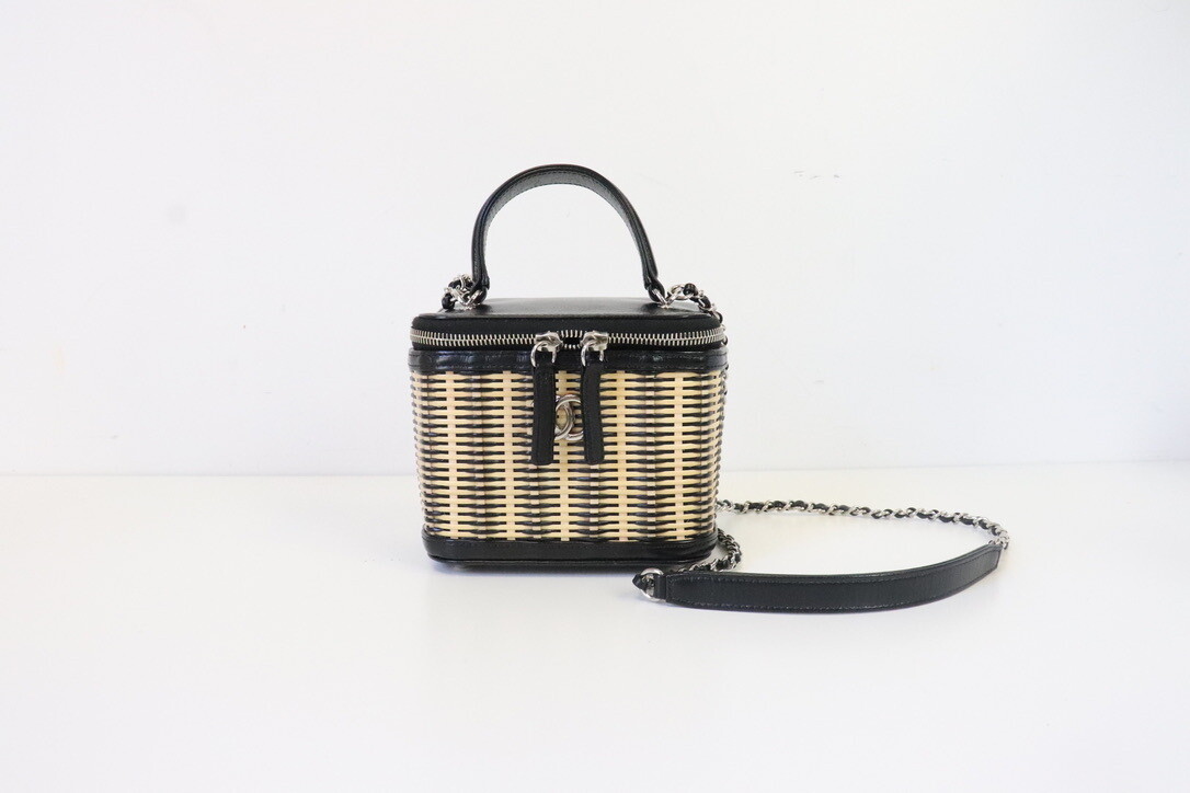 Chanel Wicker Vanity, Black Leather with Silver Hardware, Preowned