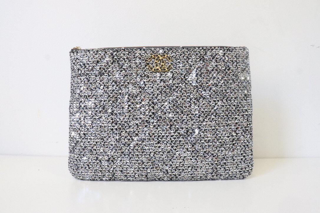 Chanel O Case Grey Silver Sequin, New in Box